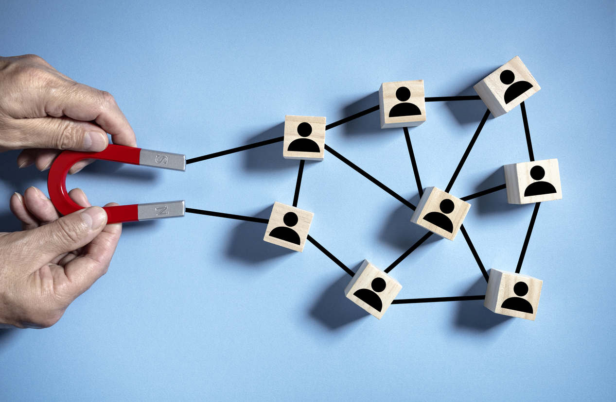 magnet attracting clients, customers or employees from network and social media linked together
