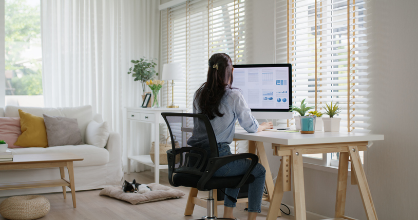 smart gen z tech talent workforce typing seo sale report on desktop pc happy work easy relax at home office. remote wfh reskill upskill job mba study of young people asia woman examine big data graph.