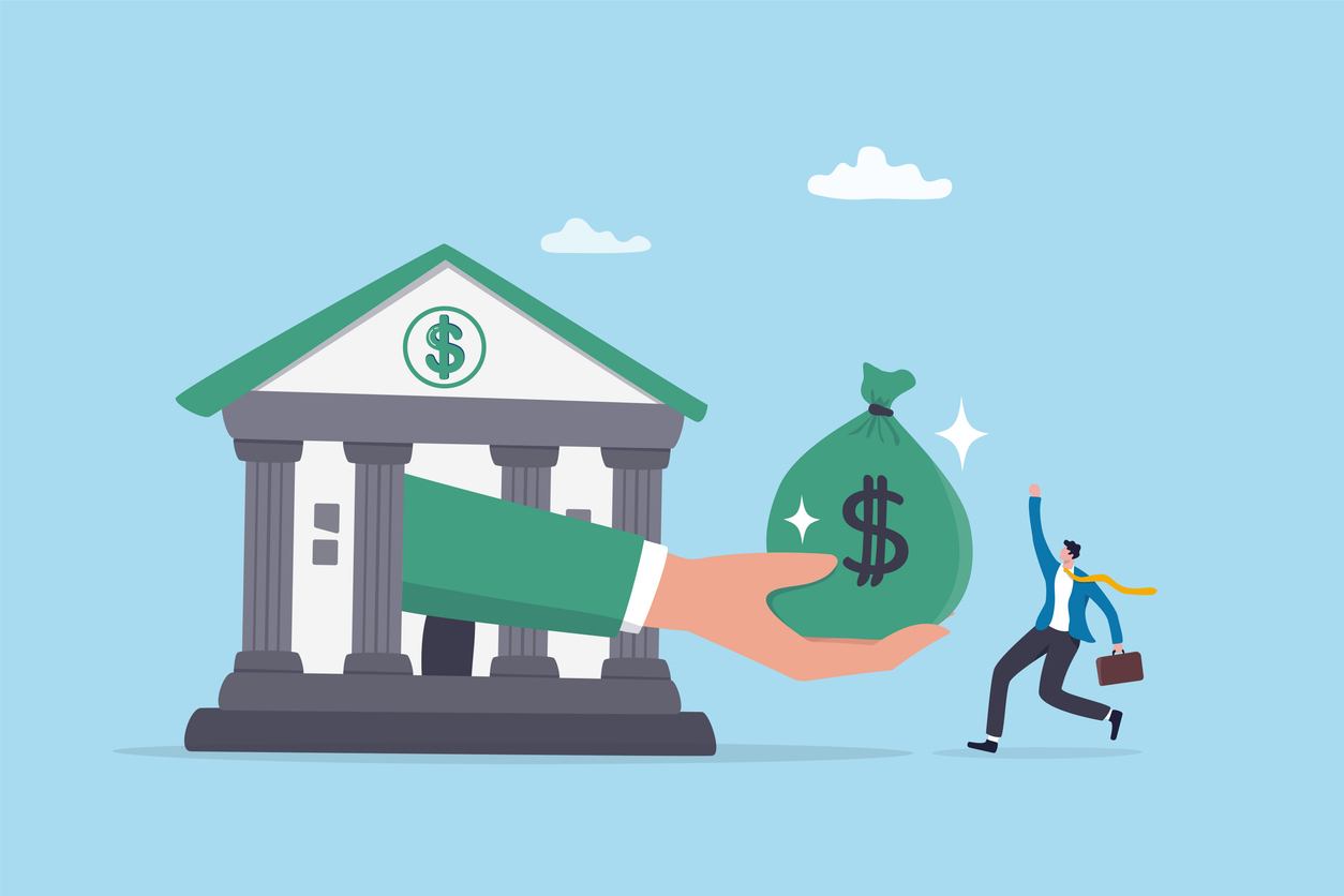 business loan or bank offer money agreement, personal loan or entrepreneur and small business lending, debt or bank approval allowance concept, businessman business owner getting loan money from bank.