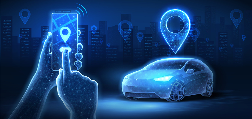 car with pin and phone in hands. auto tech, parking application, car sharing, uber service