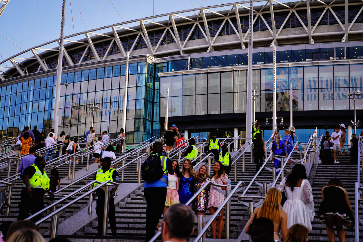 olympic way: wembley stadium facade, crowd, fans, swifties in london during taylor swift the eras tour concert in united kingdom, pop culture