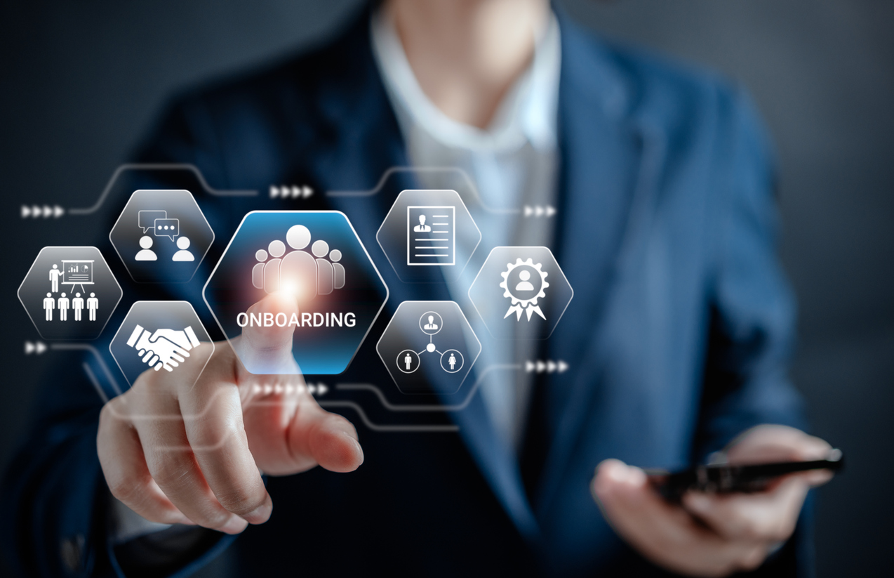 businesswoman with virtual icon, hr, process of introducing a newly hired employee into organization, socialization, onboarding is helping employees understand their new position and job requirements.