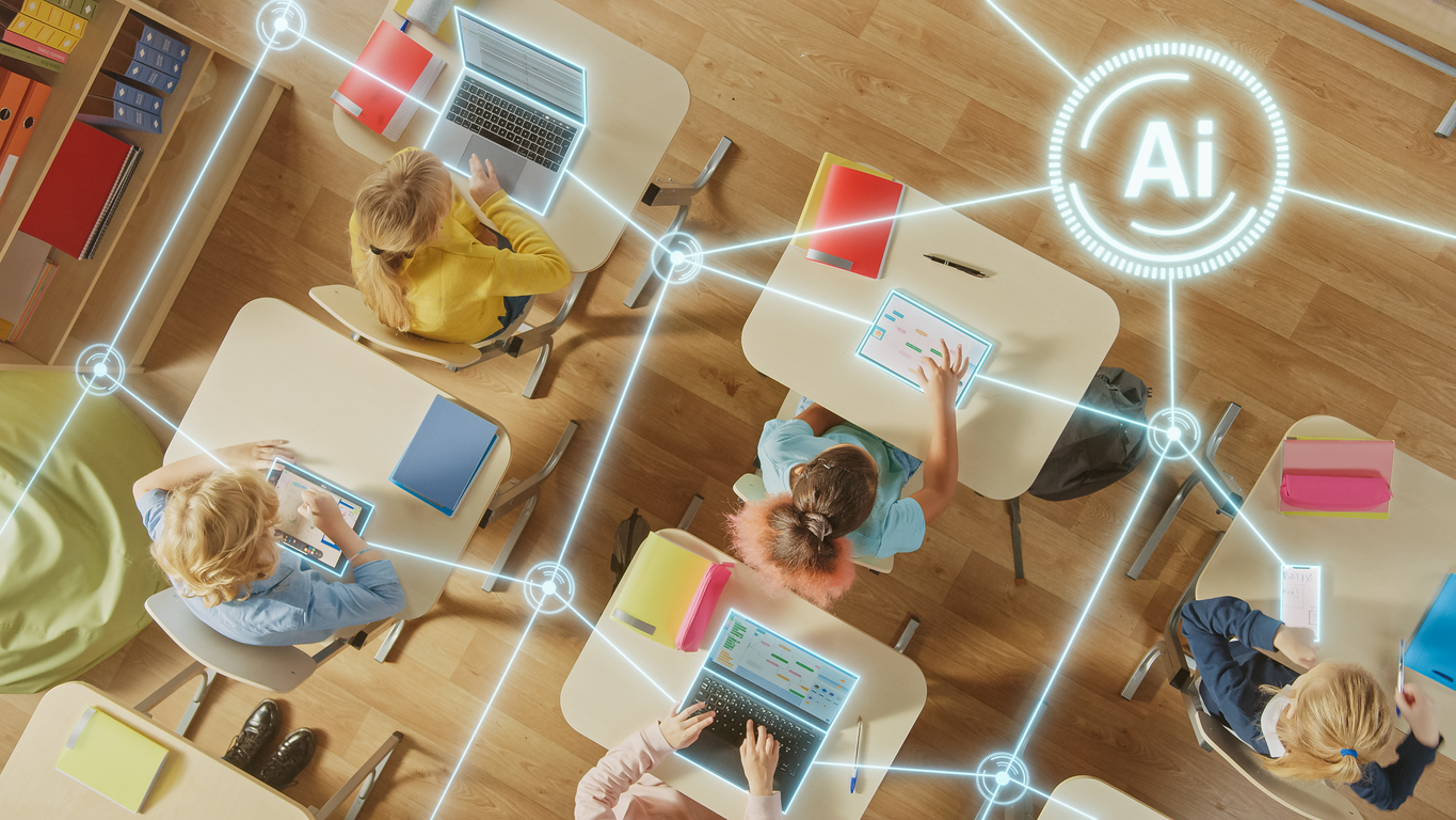top down view of children in classroom use tablets and laptops, connectivity by lines of ai data, information. diverse kids study with interactive e learning, modern education, digital literacy