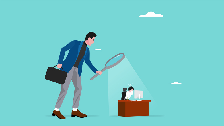 micromanaging boss, excessive supervision of employees, toxic manager monitoring employee work processes, micromanaging boss use a magnifying glass to keep an eye on employees working