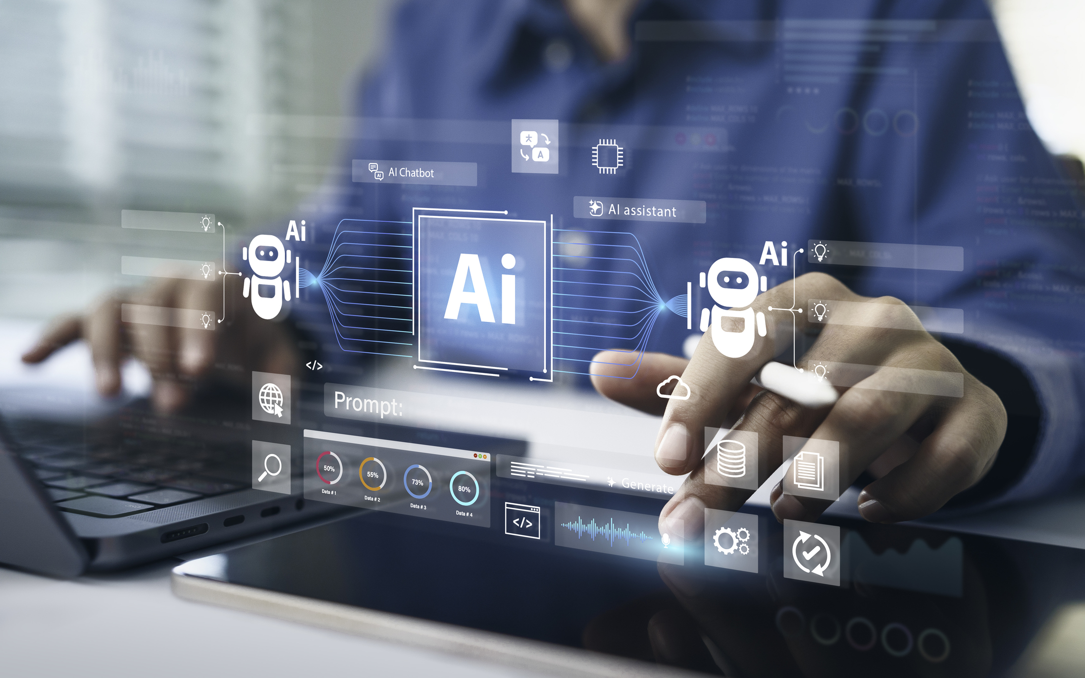 ai artificial intelligence technology for data analysis, research, planning, and work generate. man uses a laptop and ai assistant dashboard. technology smart robot ai agents and agentic workflows.