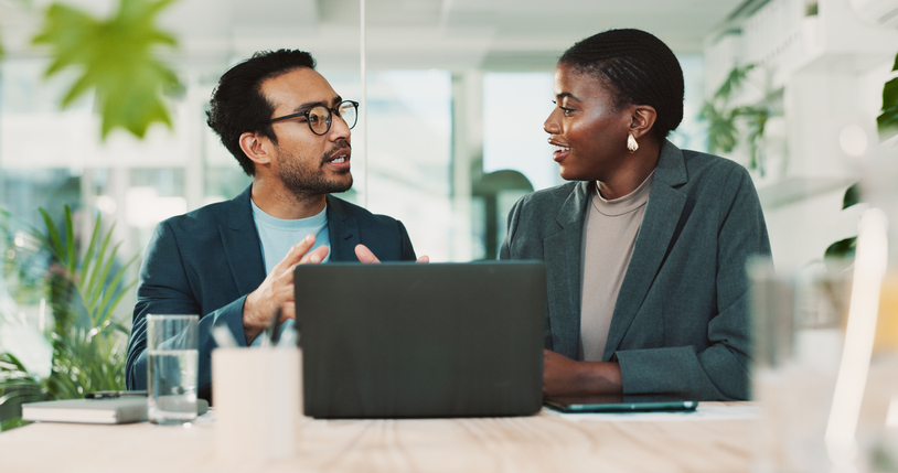office, partnership and team advice for laptop, proposal and research notes with document for report. man, woman and feedback for business, collaboration and meeting for training or b2b project