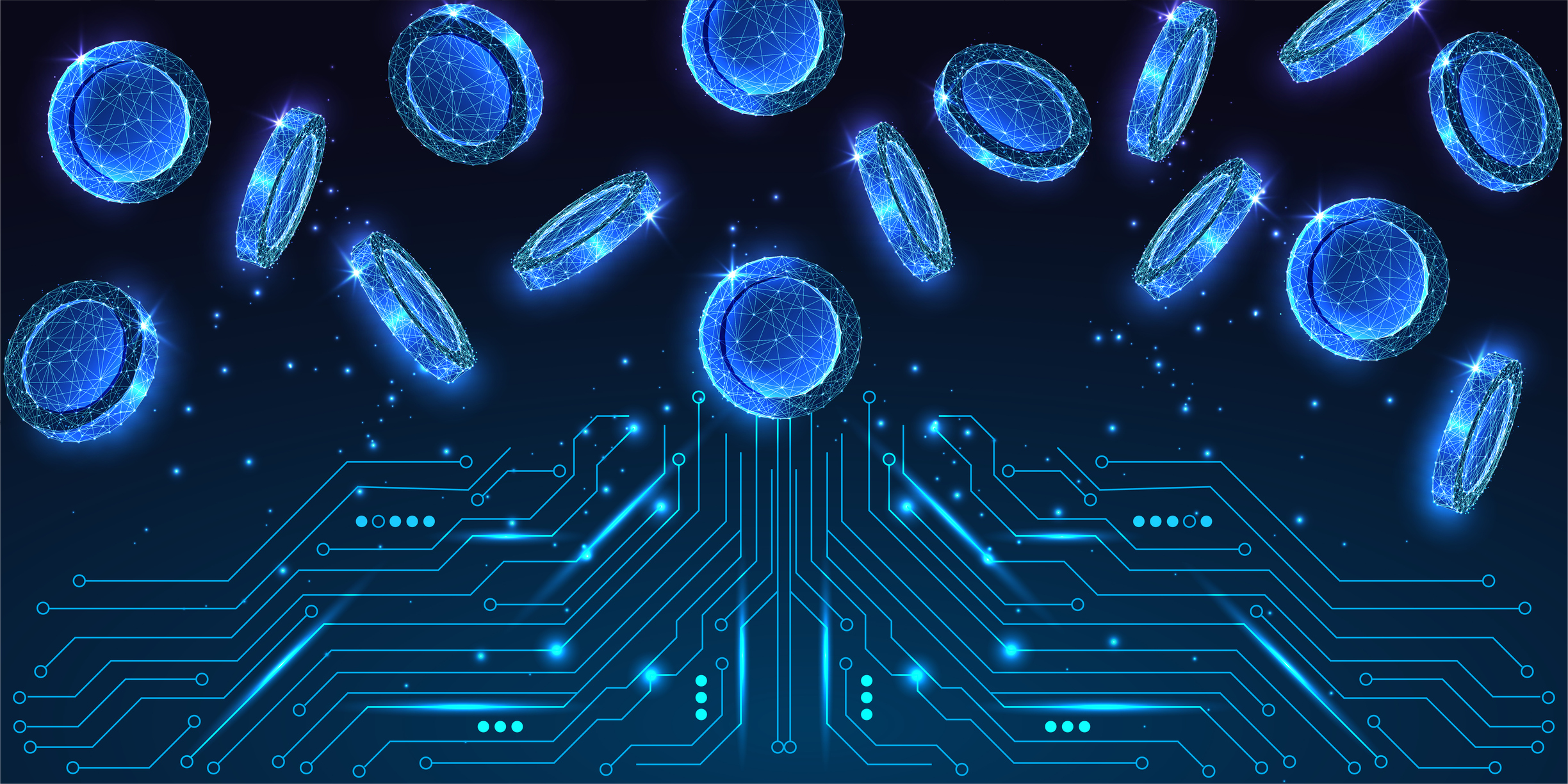 digital currency and fintech innovation with glowing coins above circuit board