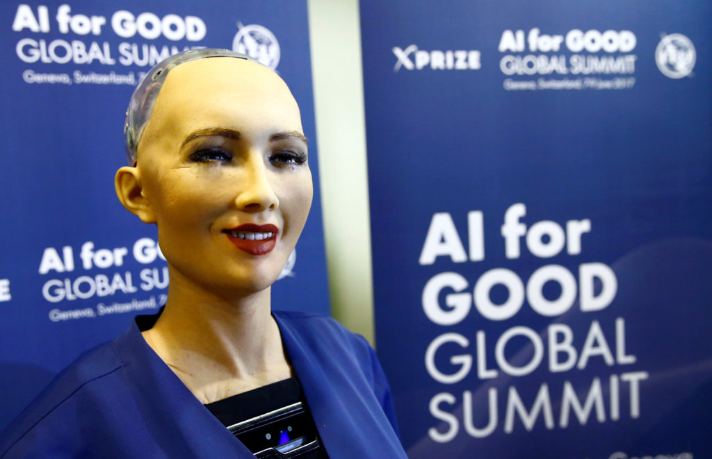 A humanoid robot at the AI for Good Global Summit in Geneva, symbolizing the rise of artificial intelligence and its impact on society.