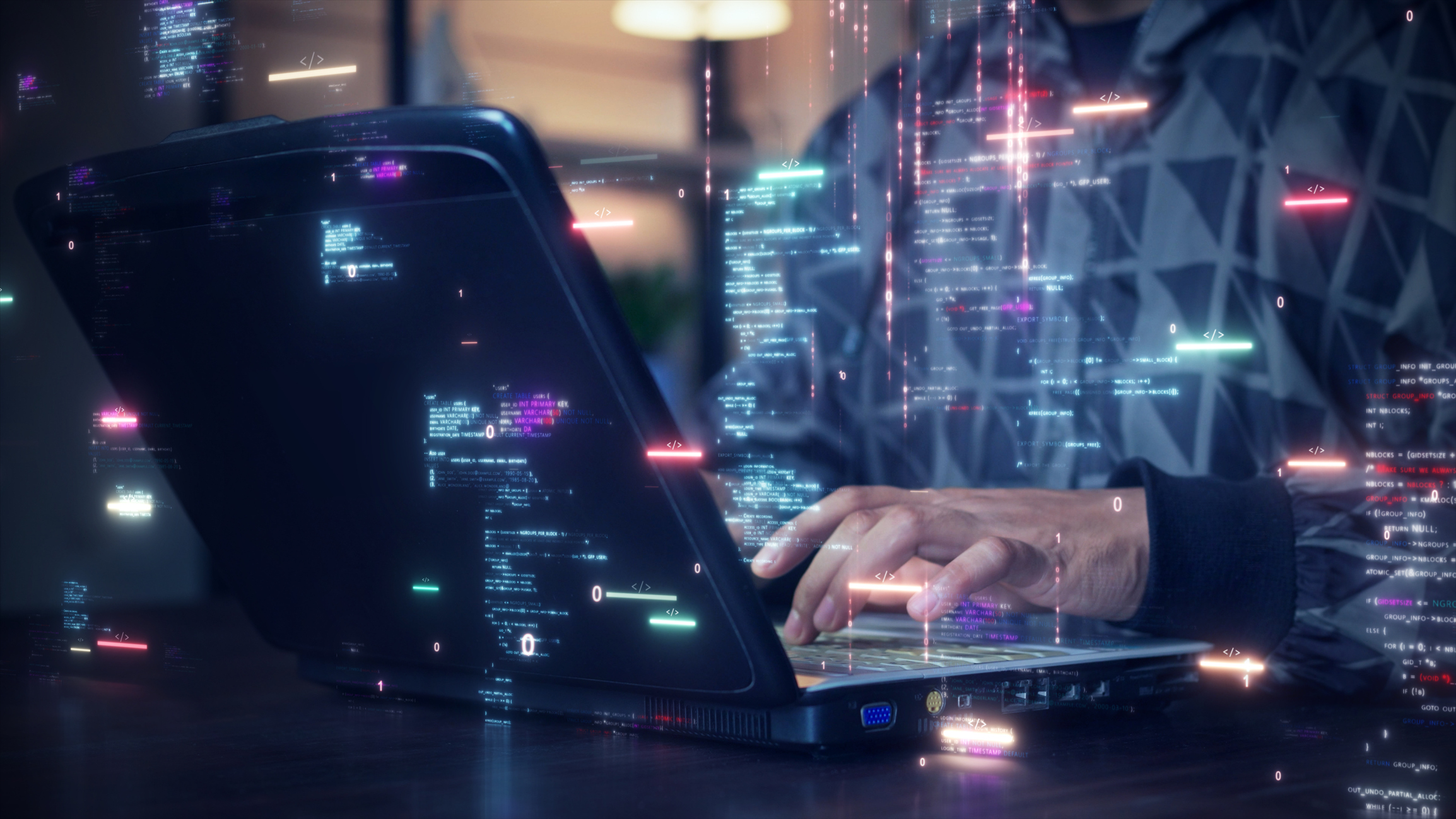 a software development designer or programmer is typing on a computer to create an application using an abstract code language in simulation. digital cyber security technology concept.
