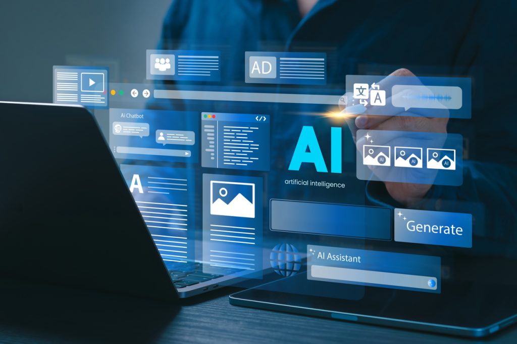 artificial intelligence content generator. a man uses a laptop to interact with ai assistant. ai offers functions like chatbot, generate images, write code, writer bot, translate and advertising.