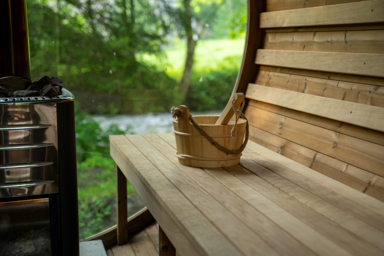wooden sauna bucket in sauna