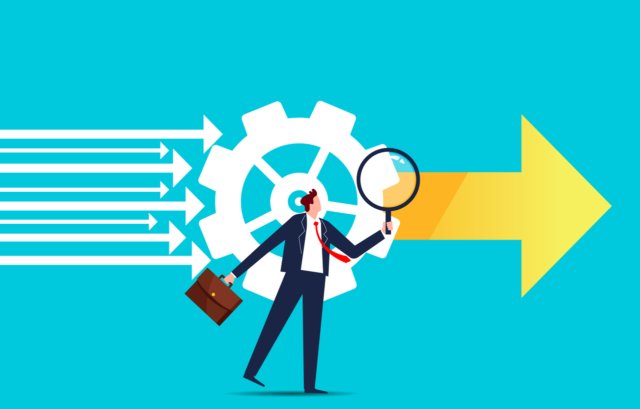 streamlining a department, business or program, solving cumbersome ideas, projects or problems, a myriad of arrows that go through the gears to transform into a single yellow arrow