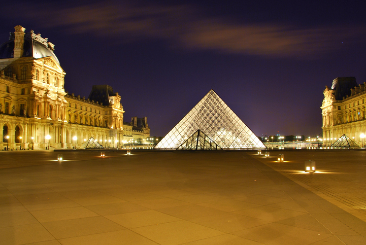 louvre pyramid and the palace, at night