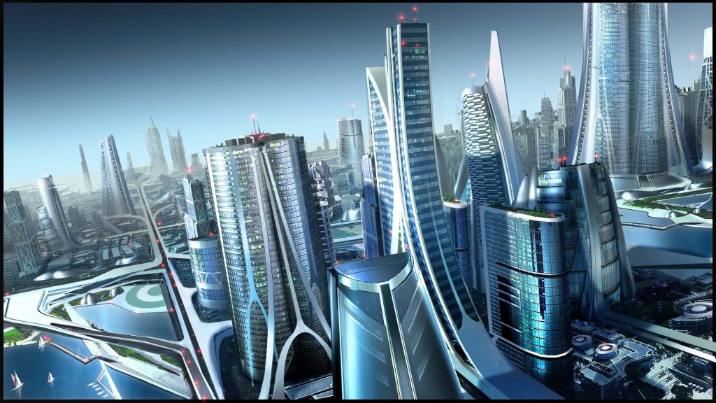 Futuristic skyline of Saudi Arabia’s NEOM city project with modern skyscrapers, green spaces, and elevated transport systems symbolizing Vision 2030’s urban transformation.