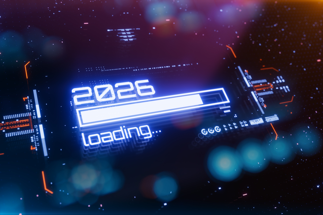 new 2026 year progress bar on digital lcd display with reflection.