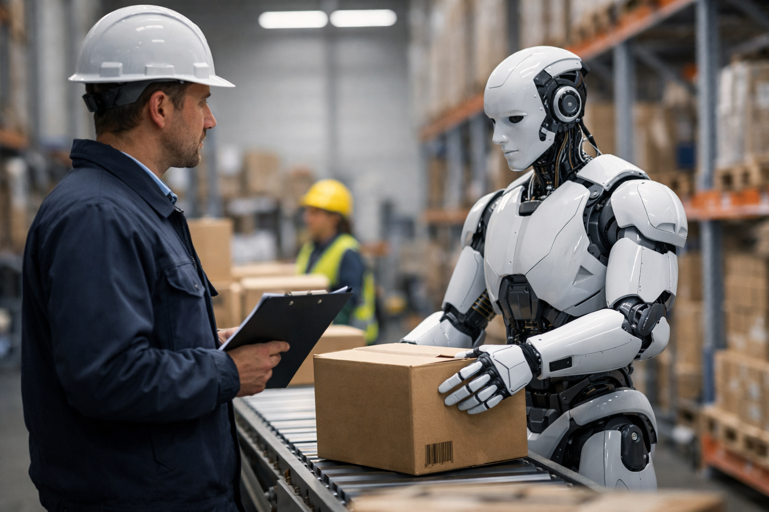 Humanoid robot placing a cardboard box on a conveyor belt while a warehouse supervisor monitors the process in a modern logistics facility.