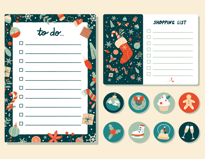 wish list decorated templates. set of vintage scandinavian christmas and new year elements for greeting cards, notes, stickers, labels, tags. holidays to do, check list for gifts, agenda, planners