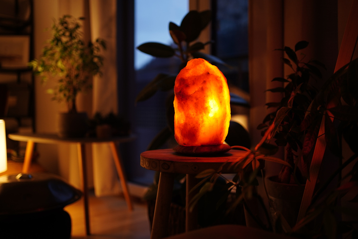 glimmering salt lamp surrounded by tropical plants in a cozy living room