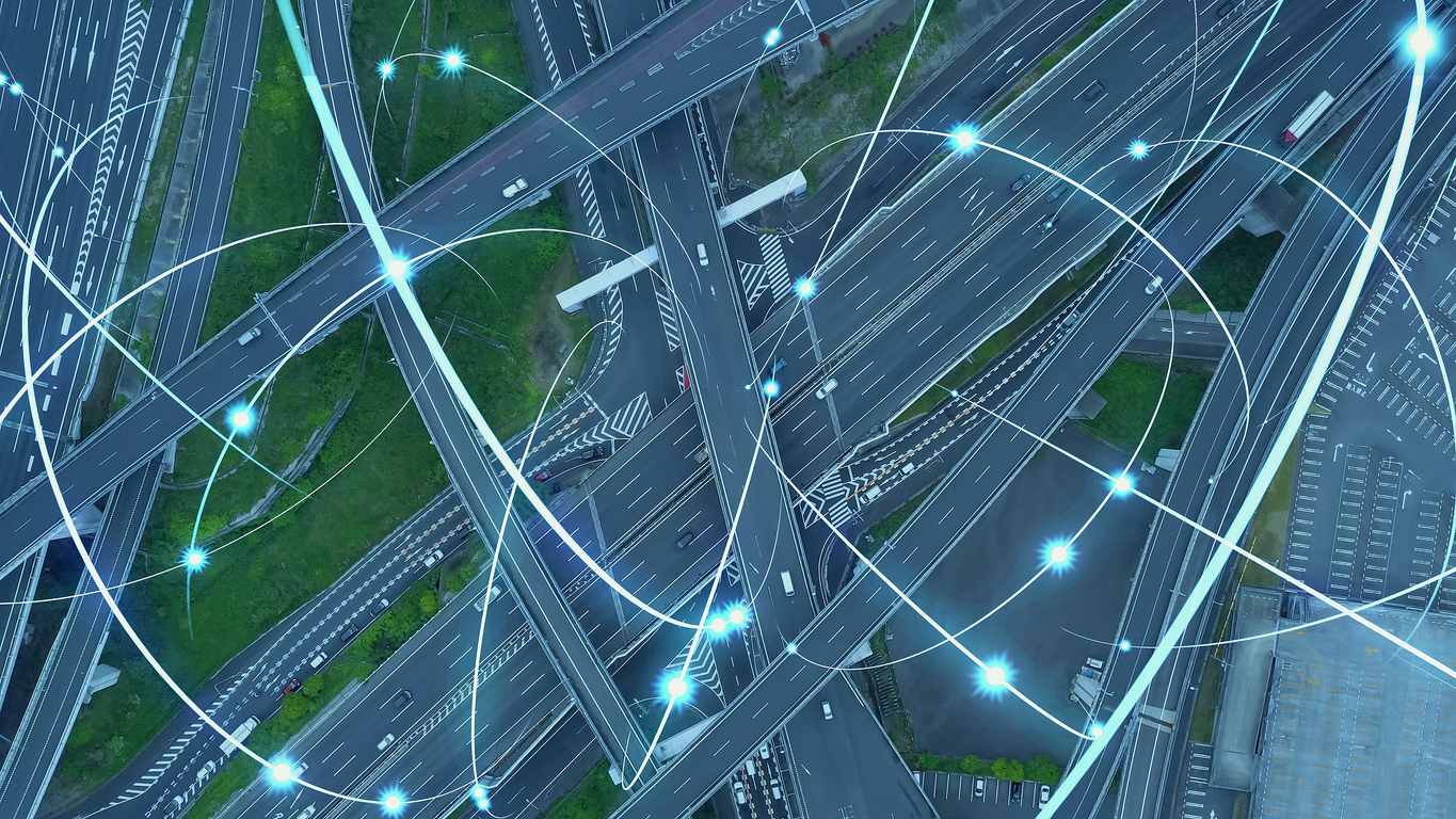 driving cars oh highway and wireless communication network concept. aerial view.