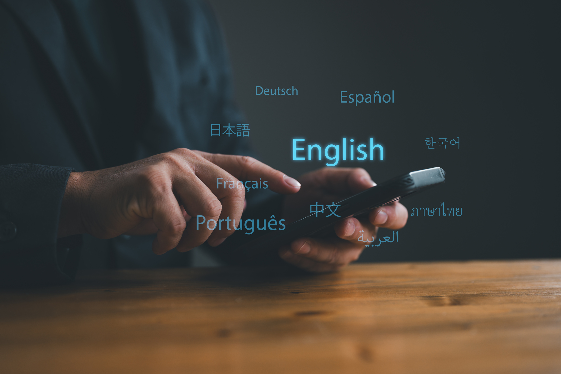 translator app, language course and e learning concept. person use smartphone with translator app, translation or translate on the mobile app worldwide language conversation speaking concept.