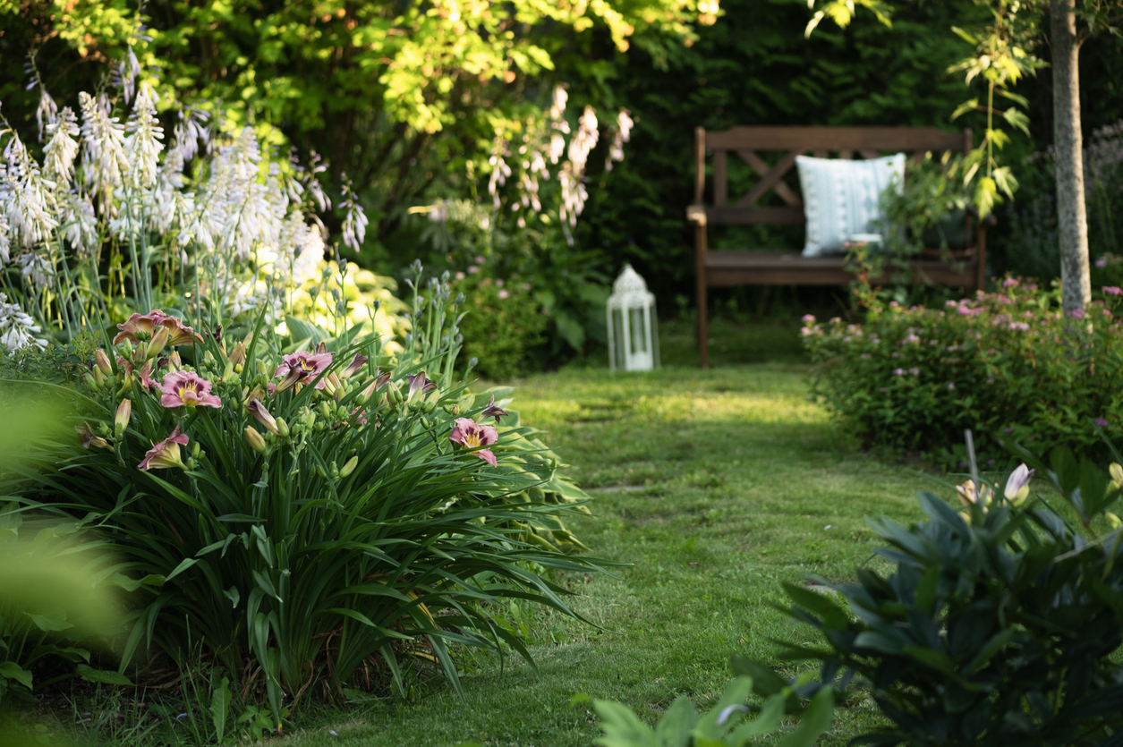 wooden garden bench in summer with curvy stone pathway and blooming day lily