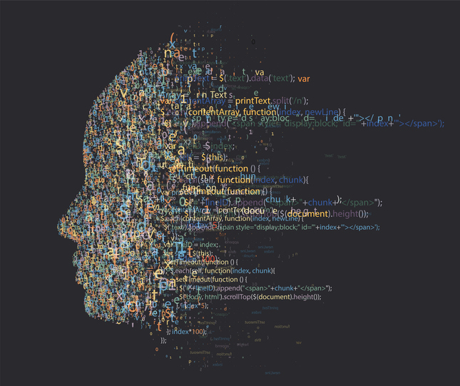 vector profile of programming code human face, colorful letters