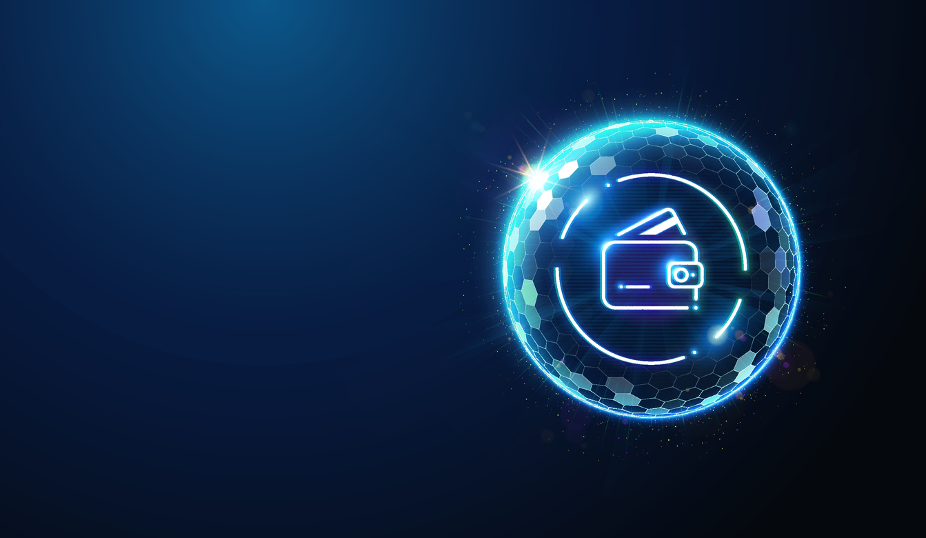 wallet icon in protected by shield barrier. abstract geometric illustration depicting secure encrypted private account in online digital banking service concept by wireframe mesh on blue background