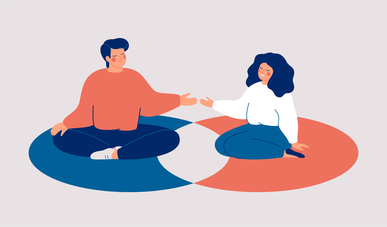 personal boundaries in love relationships, friedship or in society. man and woman protect their private spaces and have shared zone for two. mental health vector