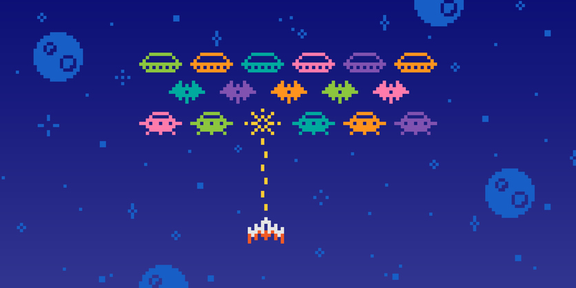 pixel space arcade. retro 8 bit aliens, ufos, and spaceships. video game spacing battle scene with cosmic characters, monsters, robots silhouette. vector 80s computer style elements