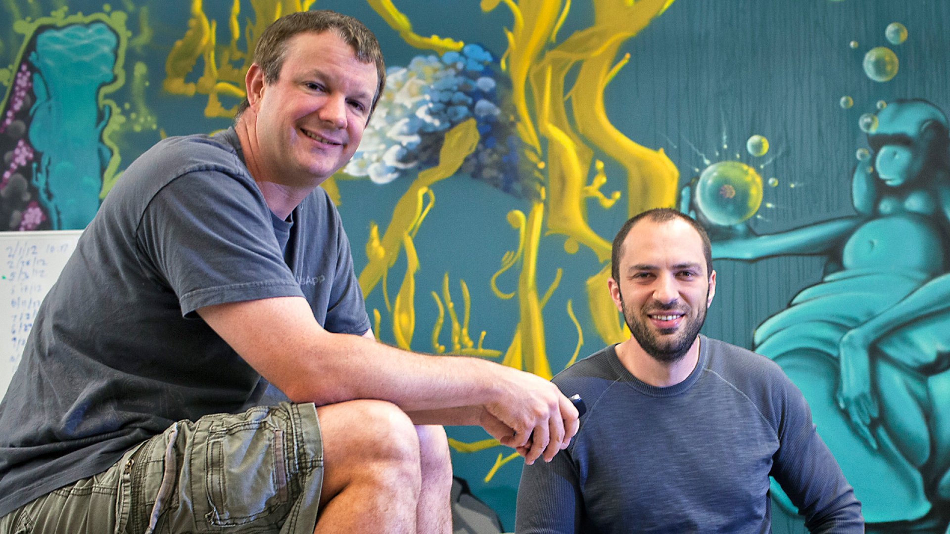 Jan Koum and Brian Acton, co-founders of WhatsApp, pictured together inside the company&rsquo;s offices ahead of its acquisition by Facebook.