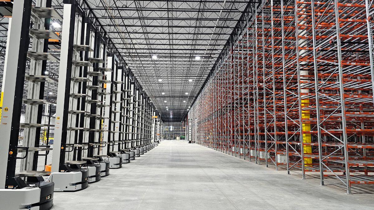 Interior of an automated warehouse with robotic systems operating without human workers