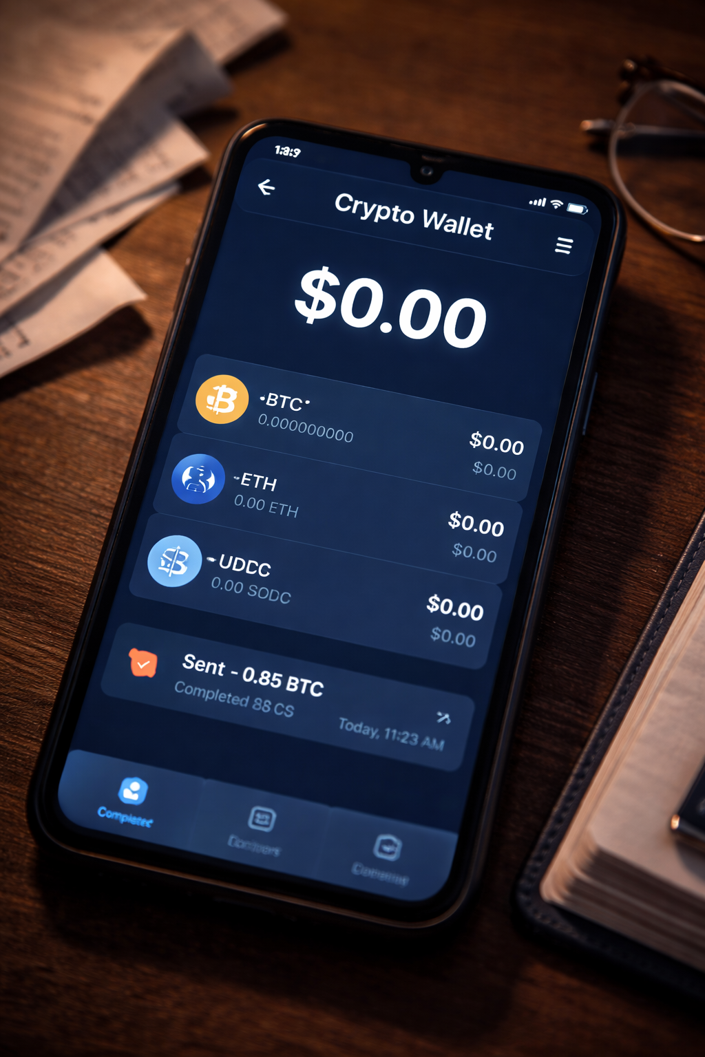 Smartphone displaying a cryptocurrency wallet with a zero balance after funds were transferred, showing a completed blockchain transaction.