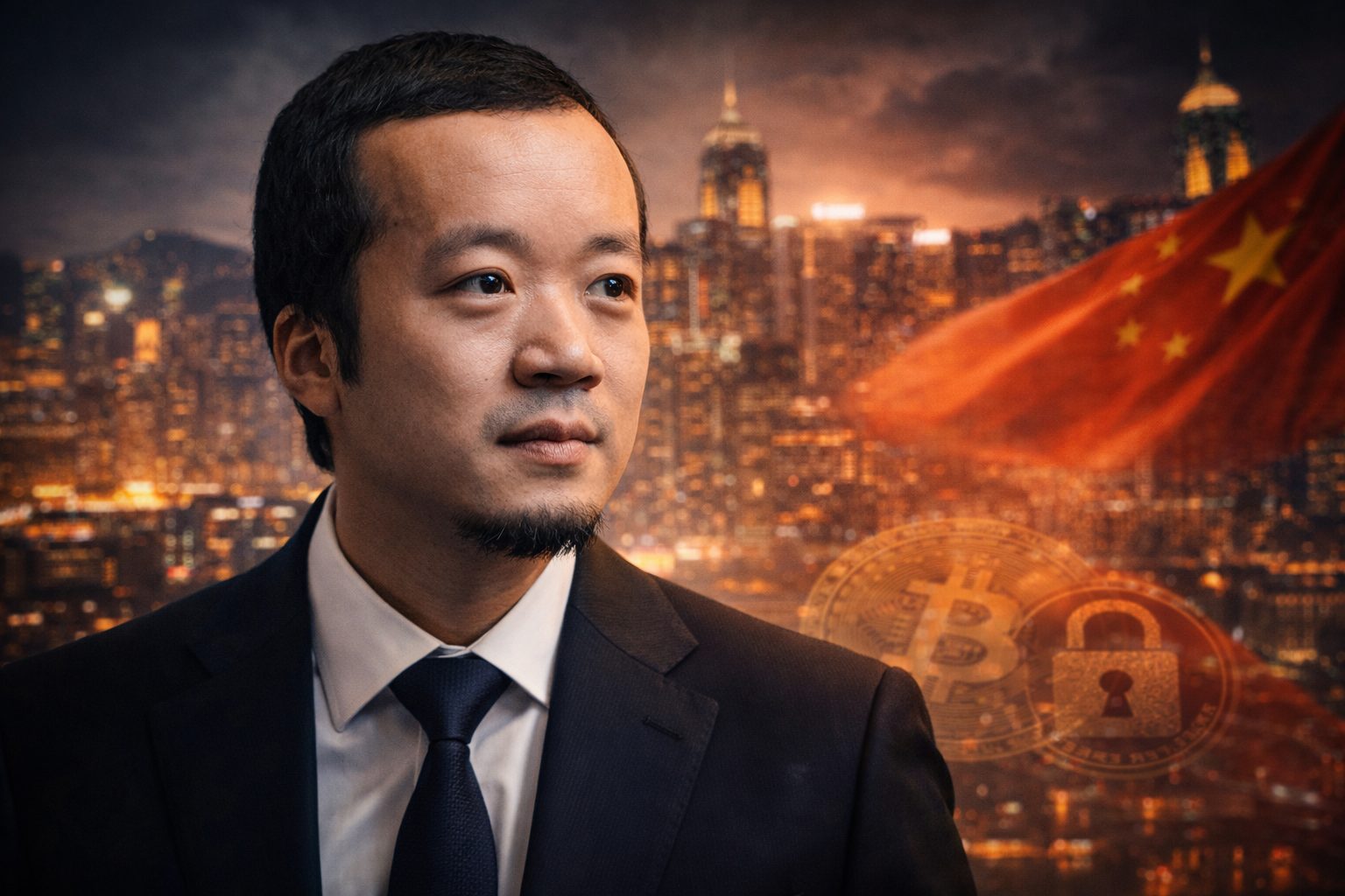 Chen Zhi portrait with a stylized Hong Kong/China skyline backdrop, reflecting global enforcement and sovereign liability risk in Southeast Asia.