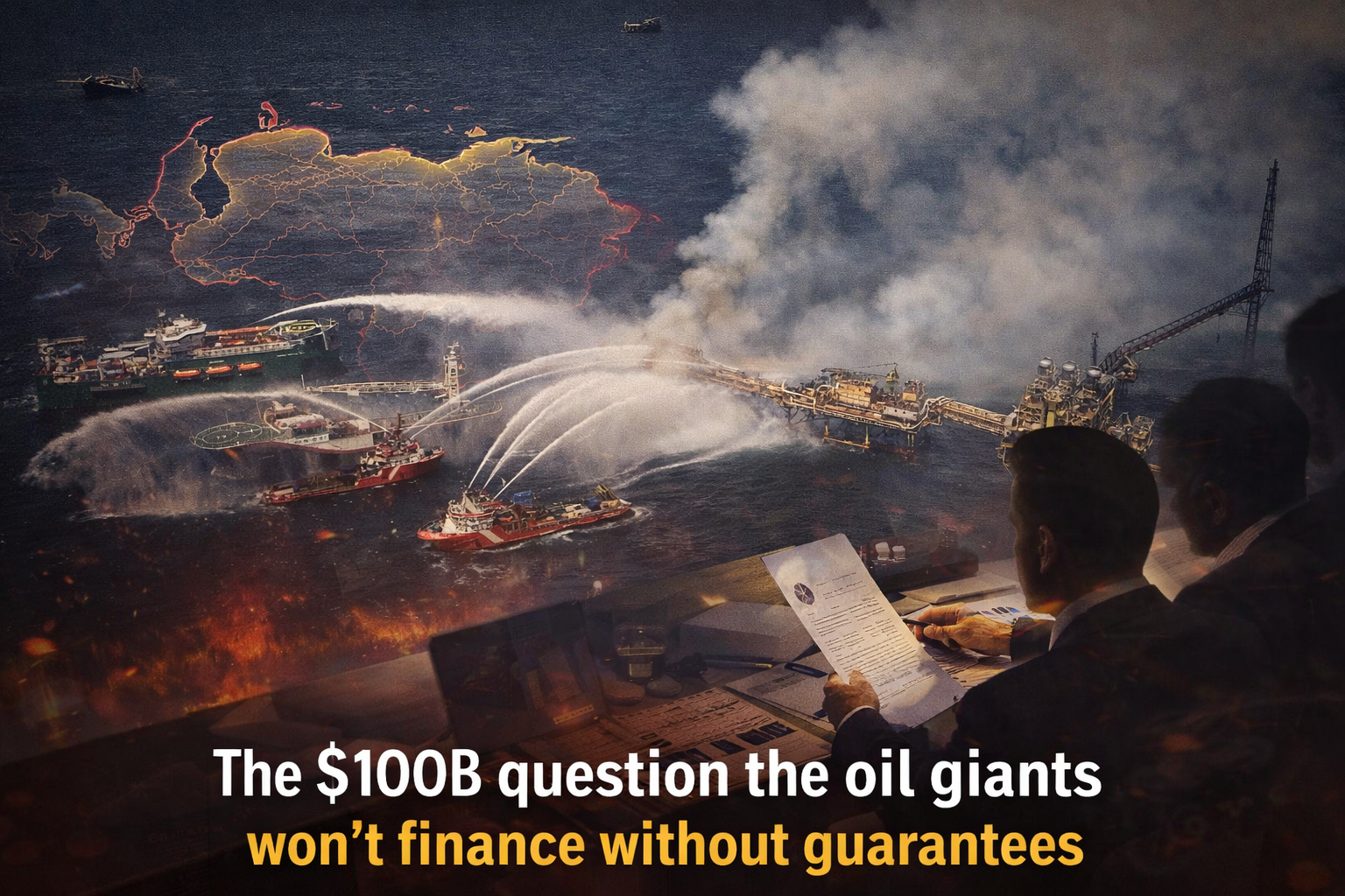 Offshore oil platform engulfed in smoke as vessels battle flames, overlaid with a transparent map of Venezuela&rsquo;s Orinoco Belt and executives weighing reconstruction financing risks.