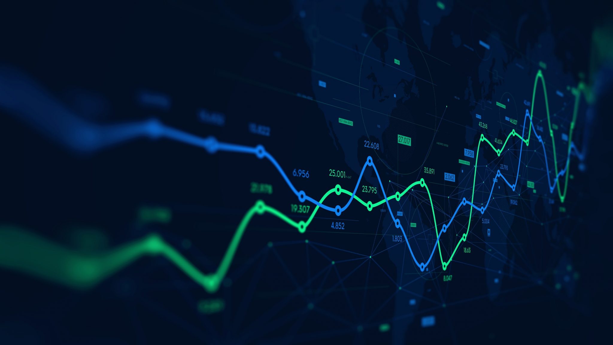 AI stock market chart showing fluctuating growth trends and data points, representing volatility and risk in technology investments