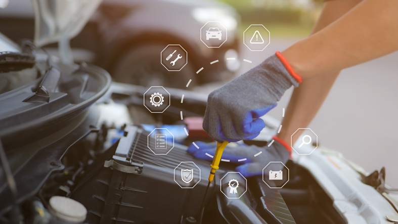 car inspection and maintenance concept. man checking level of engine oil. vehicle maintenance, car mechanic, conditions of repair auto part on the standard process, terms of customer service guarantee