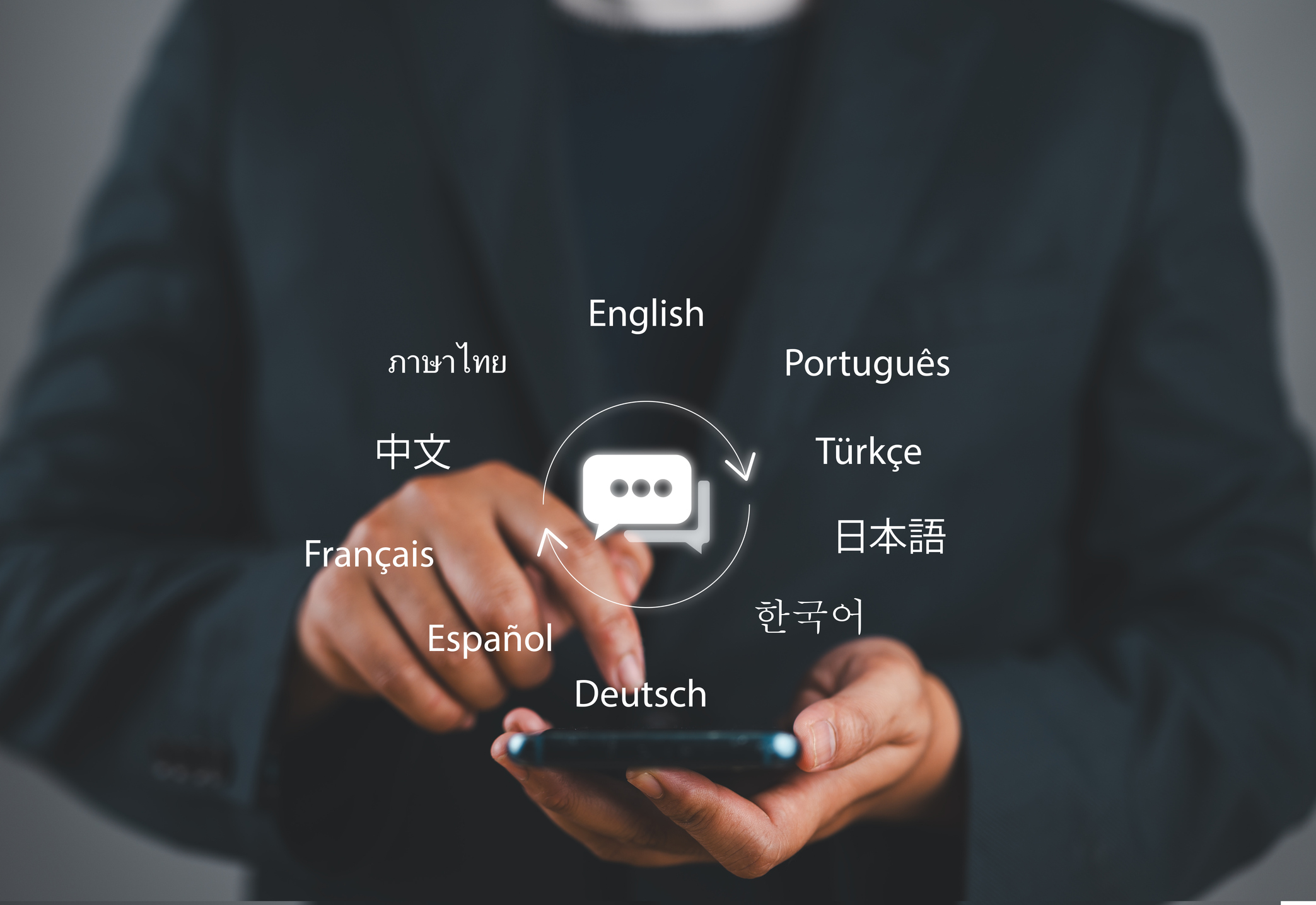 translator app, language course and e learning concept. person use smartphone with translator app, translation or translate on the mobile app worldwide language conversation speaking concept.