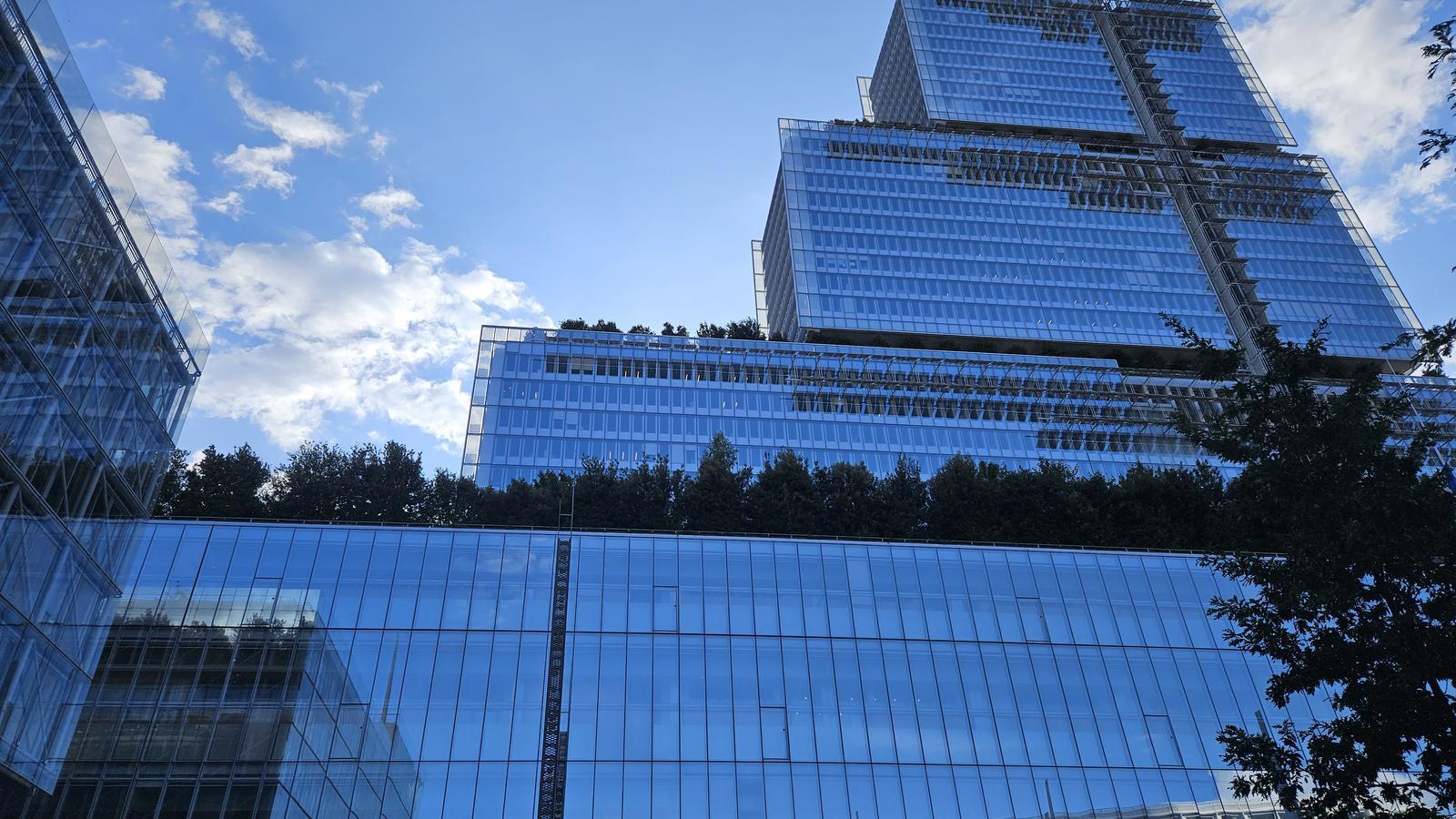 Glass office buildings housing X&rsquo;s Paris offices, photographed from street level