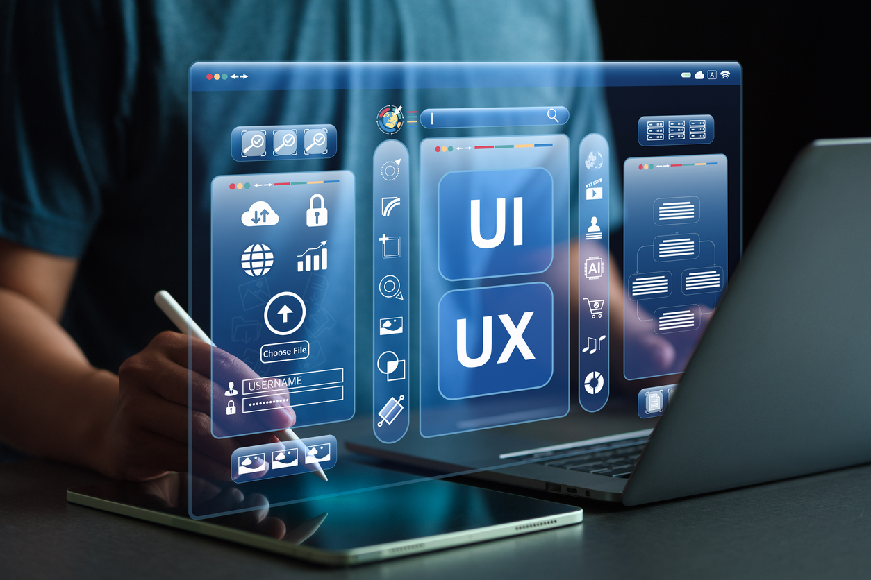 ui/ux design and development concepts developers interact with cutting edge virtual screens that display code, icons, and data, emphasizing creativity in web, application, and software design.