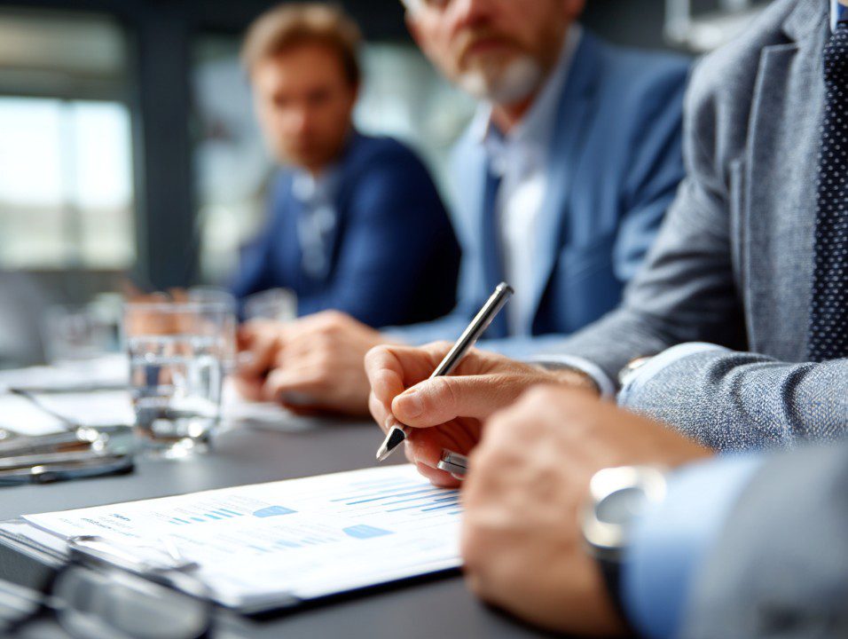 Corporate executives discussing workforce strategy and organisational agility in a boardroom meeting
