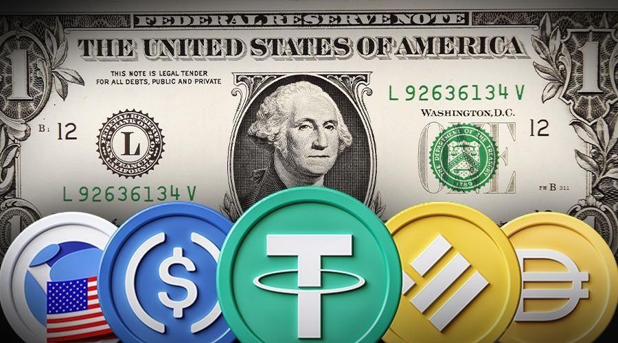 Icons of major stablecoins including USDC, USDT, and others in front of a U.S. one-dollar bill, representing digital dollar-pegged cryptocurrency.